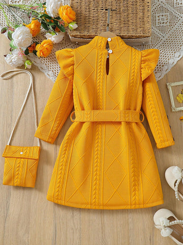 Young Girl' Solid Color Stand Collar Long Sleeve Button Casual Dress