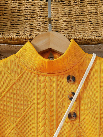 Young Girl' Solid Color Stand Collar Long Sleeve Button Casual Dress