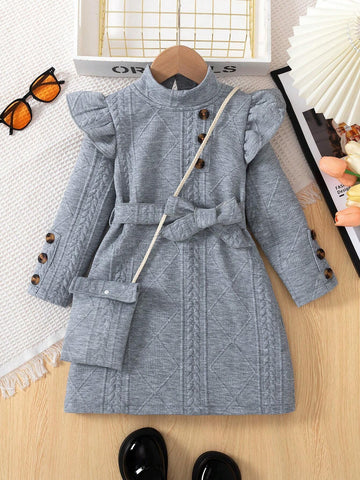 Young Girl Solid Color Stand Collar Ruffle Trim Belted Long Sleeve Dress