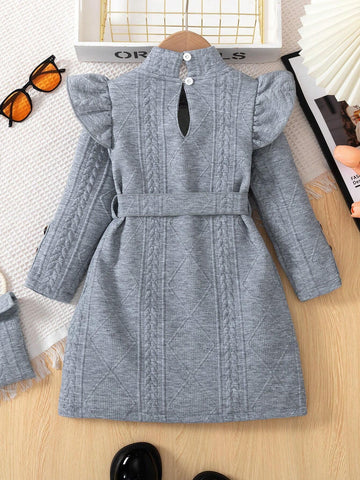 Young Girl Solid Color Stand Collar Ruffle Trim Belted Long Sleeve Dress