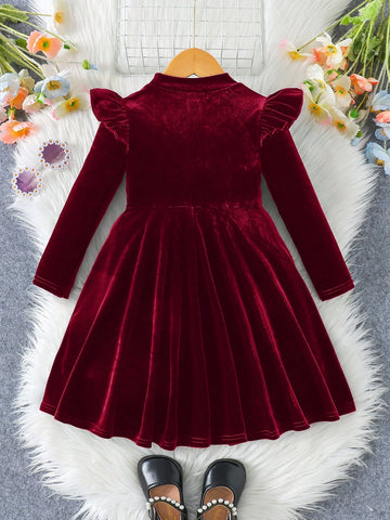 Young Girl Solid Color Velvet Knit Ruffle Trim Velvet A-Line Dress, Elegant Long Sleeve Cake Dress, Great For Casual & Daily Wear & School Daily In Autumn & Winter