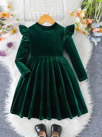 Young Girl Solid Color Velvet Knit Ruffle Trim Velvet A-Line Dress