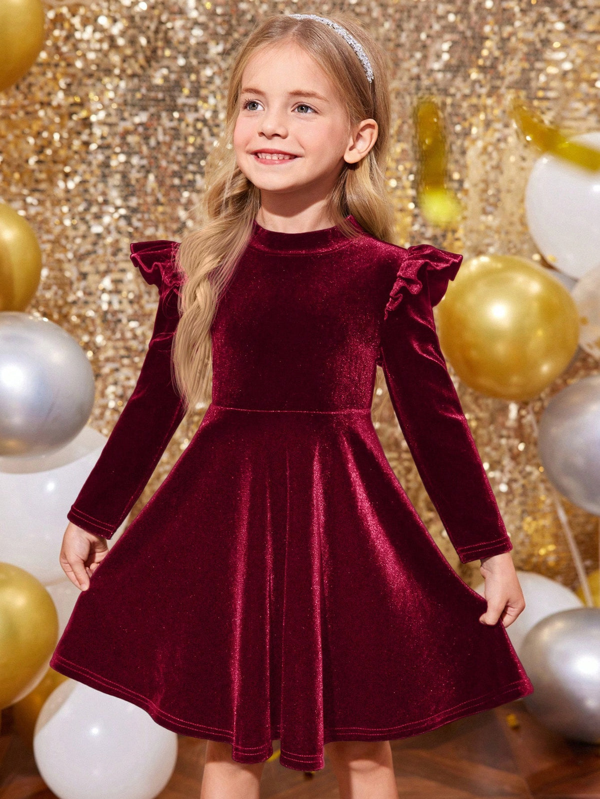 Young Girl Solid Color Velvet Knit Ruffle Trim Velvet A-Line Dress, Elegant Long Sleeve Cake Dress, Great For Casual & Daily Wear & School Daily In Autumn & Winter