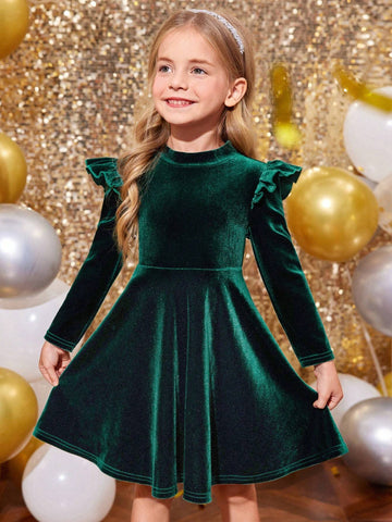 Young Girl Solid Color Velvet Knit Ruffle Trim Velvet A-Line Dress