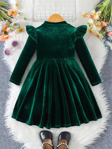 Young Girl Solid Color Velvet Knit Ruffle Trim Velvet A-Line Dress