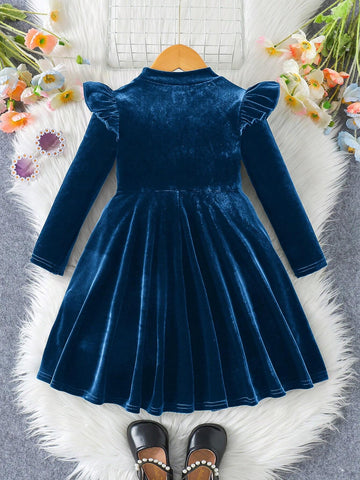 Young Girl Solid Color Velvet Knit Ruffle Trim Velvet A-Line Dress, Elegant Long Sleeve Cake Dress