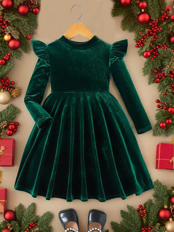 Young Girl Solid Color Velvet Knit Ruffle Trim Velvet A-Line Dress