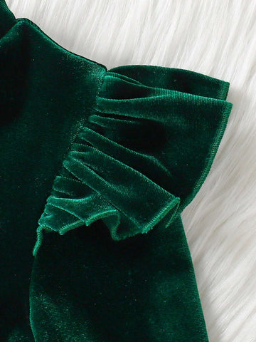 Young Girl Solid Color Velvet Knit Ruffle Trim Velvet A-Line Dress