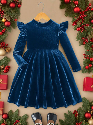 Young Girl Solid Color Velvet Knit Ruffle Trim Velvet A-Line Dress, Elegant Long Sleeve Cake Dress