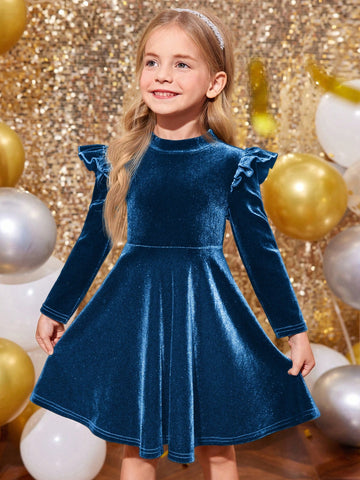 Young Girl Solid Color Velvet Knit Ruffle Trim Velvet A-Line Dress, Elegant Long Sleeve Cake Dress