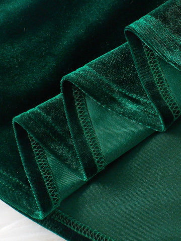 Young Girl Solid Color Velvet Knit Ruffle Trim Velvet A-Line Dress