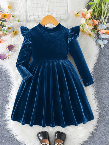 Young Girl Solid Color Velvet Knit Ruffle Trim Velvet A-Line Dress, Elegant Long Sleeve Cake Dress