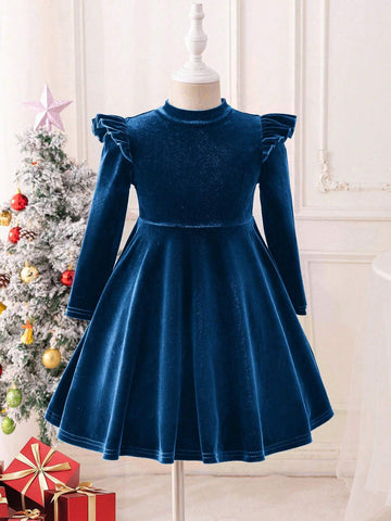 Young Girl Solid Color Velvet Knit Ruffle Trim Velvet A-Line Dress, Elegant Long Sleeve Cake Dress
