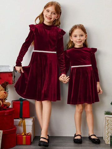 Young Girl Solid Color Velvet Knit Ruffle Trim Velvet A-Line Dress, Elegant Long Sleeve Cake Dress, Great For Casual & Daily Wear & School Daily In Autumn & Winter