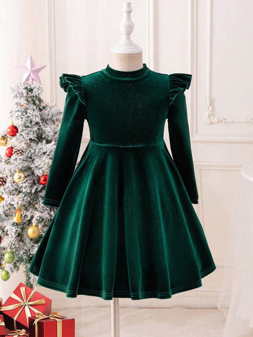 Young Girl Solid Color Velvet Knit Ruffle Trim Velvet A-Line Dress