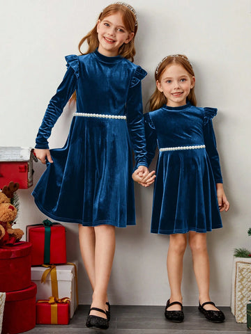 Young Girl Solid Color Velvet Knit Ruffle Trim Velvet A-Line Dress, Elegant Long Sleeve Cake Dress
