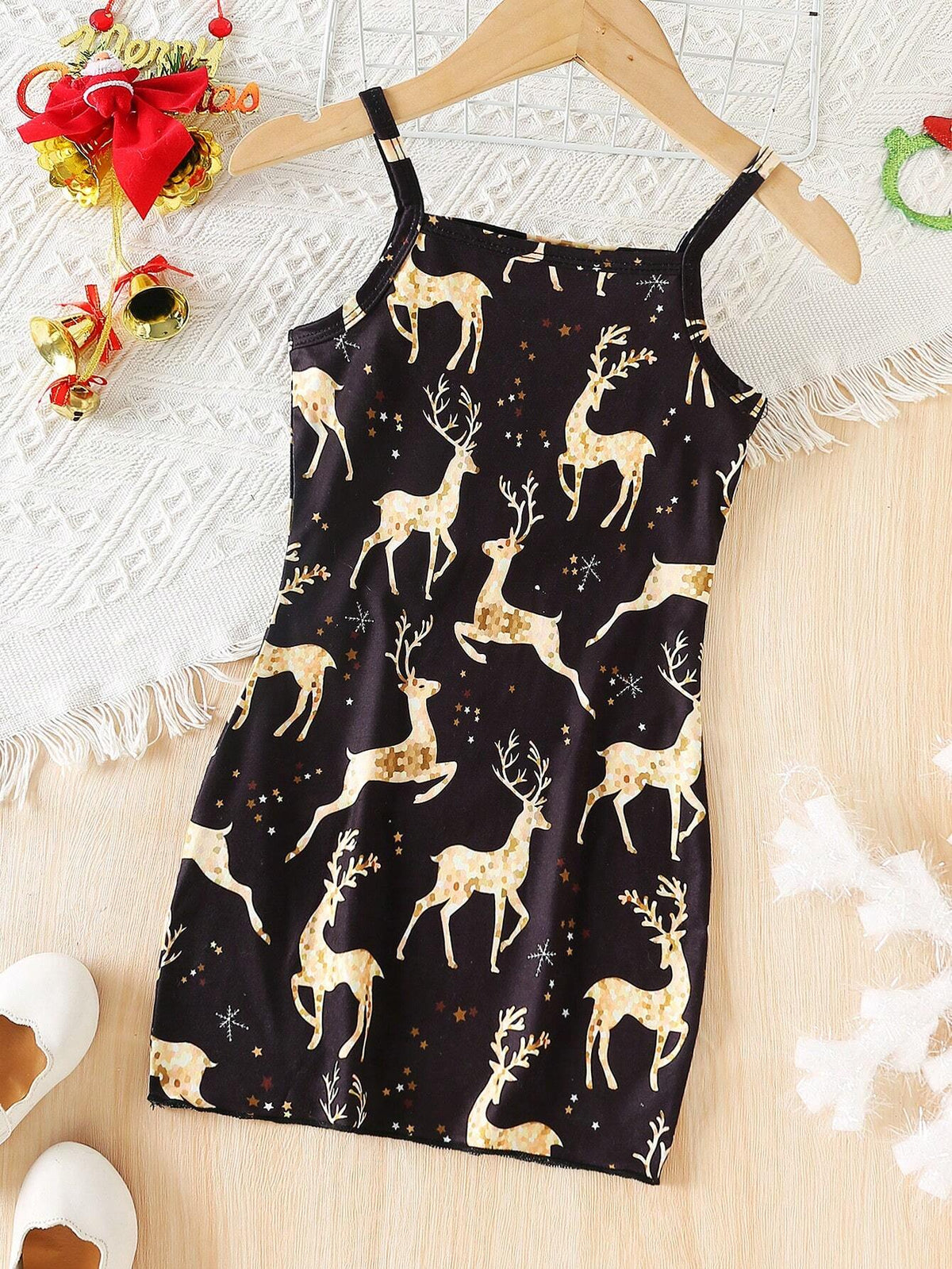 Young Girl' Spaghetti Strap Plaid Christmas Tree Print Bodycon Dress, Suitable For Christmas Party, Autumn