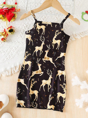 Young Girl' Spaghetti Strap Plaid Christmas Tree Print Bodycon Dress, Suitable For Christmas Party, Autumn