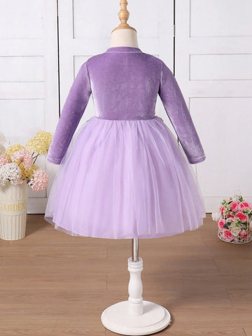 Young Girl Sparkle Chiffon Fabric Elegant Elegant Versatile Fashion Long Sleeve Mesh Hem Dress