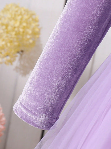 Young Girl Sparkle Chiffon Fabric Elegant Elegant Versatile Fashion Long Sleeve Mesh Hem Dress