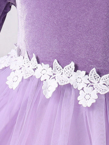 Young Girl Sparkle Chiffon Fabric Elegant Elegant Versatile Fashion Long Sleeve Mesh Hem Dress