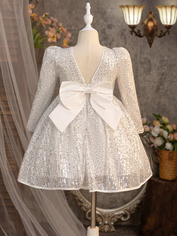 Young Girl Sparkling Bow Decor Elegant Dress
