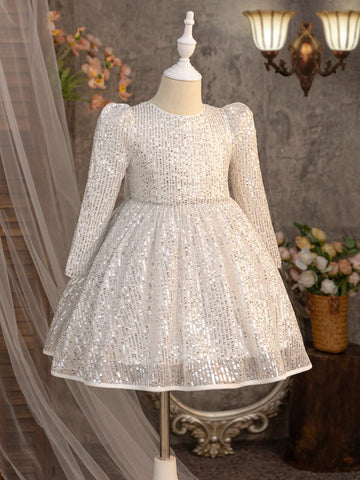 Young Girl Sparkling Bow Decor Elegant Dress
