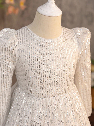 Young Girl Sparkling Bow Decor Elegant Dress