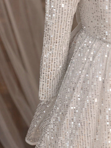 Young Girl Sparkling Bow Decor Elegant Dress