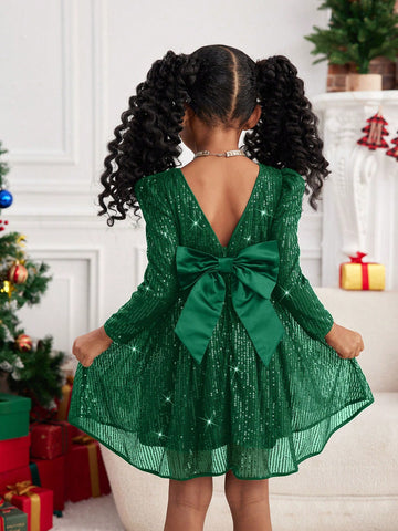 Young Girl Sparkly Fashion 3D Bow Decorated Elegant Holiday Dress