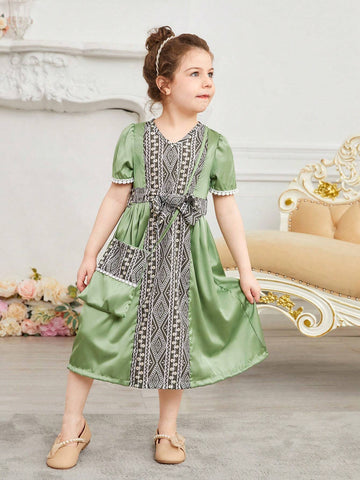 Young Girl Spring & Autumn Casual Fashionable Vacation Style Short Sleeve Dress With Geometric Print, Shoulder Bag Decoration And Belt