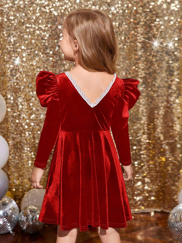 Young Girl Square Neck Gigot Sleeve Color-Block Lace Trim Velvet Dress ,Green For Christmas, Fashionable Elegant Cute ,Birthday Wear,Holidays,Party Wear