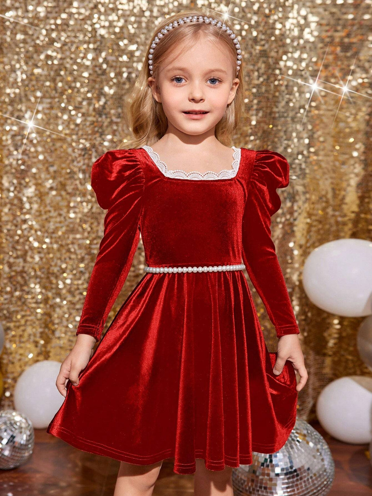 Young Girl Square Neck Gigot Sleeve Color-Block Lace Trim Velvet Dress ,Green For Christmas, Fashionable Elegant Cute ,Birthday Wear,Holidays,Party Wear