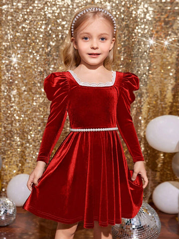 Young Girl Square Neck Gigot Sleeve Color-Block Lace Trim Velvet Dress ,Green For Christmas, Fashionable Elegant Cute ,Birthday Wear,Holidays,Party Wear