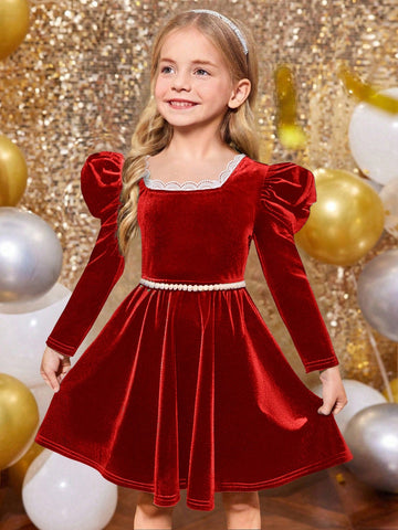 Young Girl Square Neck Gigot Sleeve Color-Block Lace Trim Velvet Dress ,Green For Christmas, Fashionable Elegant Cute ,Birthday Wear,Holidays,Party Wear