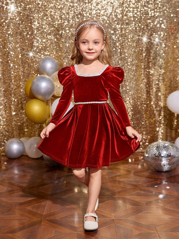 Young Girl Square Neck Gigot Sleeve Color-Block Lace Trim Velvet Dress ,Green For Christmas, Fashionable Elegant Cute ,Birthday Wear,Holidays,Party Wear