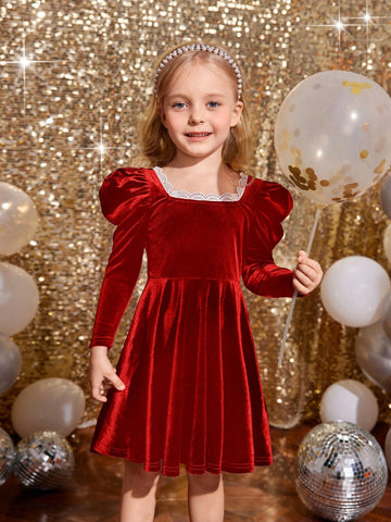 Young Girl Square Neck Gigot Sleeve Color-Block Lace Trim Velvet Dress ,Green For Christmas, Fashionable Elegant Cute ,Birthday Wear,Holidays,Party Wear