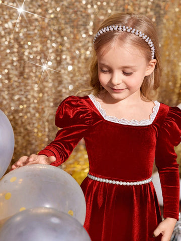 Young Girl Square Neck Gigot Sleeve Color-Block Lace Trim Velvet Dress ,Green For Christmas, Fashionable Elegant Cute ,Birthday Wear,Holidays,Party Wear