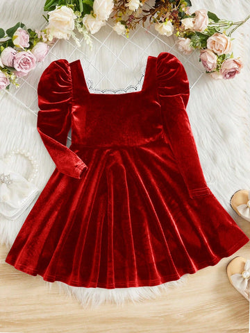 Young Girl Square Neck Gigot Sleeve Color-Block Lace Trim Velvet Dress ,Green For Christmas, Fashionable Elegant Cute ,Birthday Wear,Holidays,Party Wear