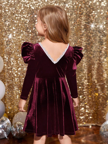 Young Girl Square Neck Gigot Sleeve Color-Block Lace Trim Velvet Dress ,Green For Christmas , Fashionable Elegant Cute ,Birthday Wear,Holidays,Party Wear