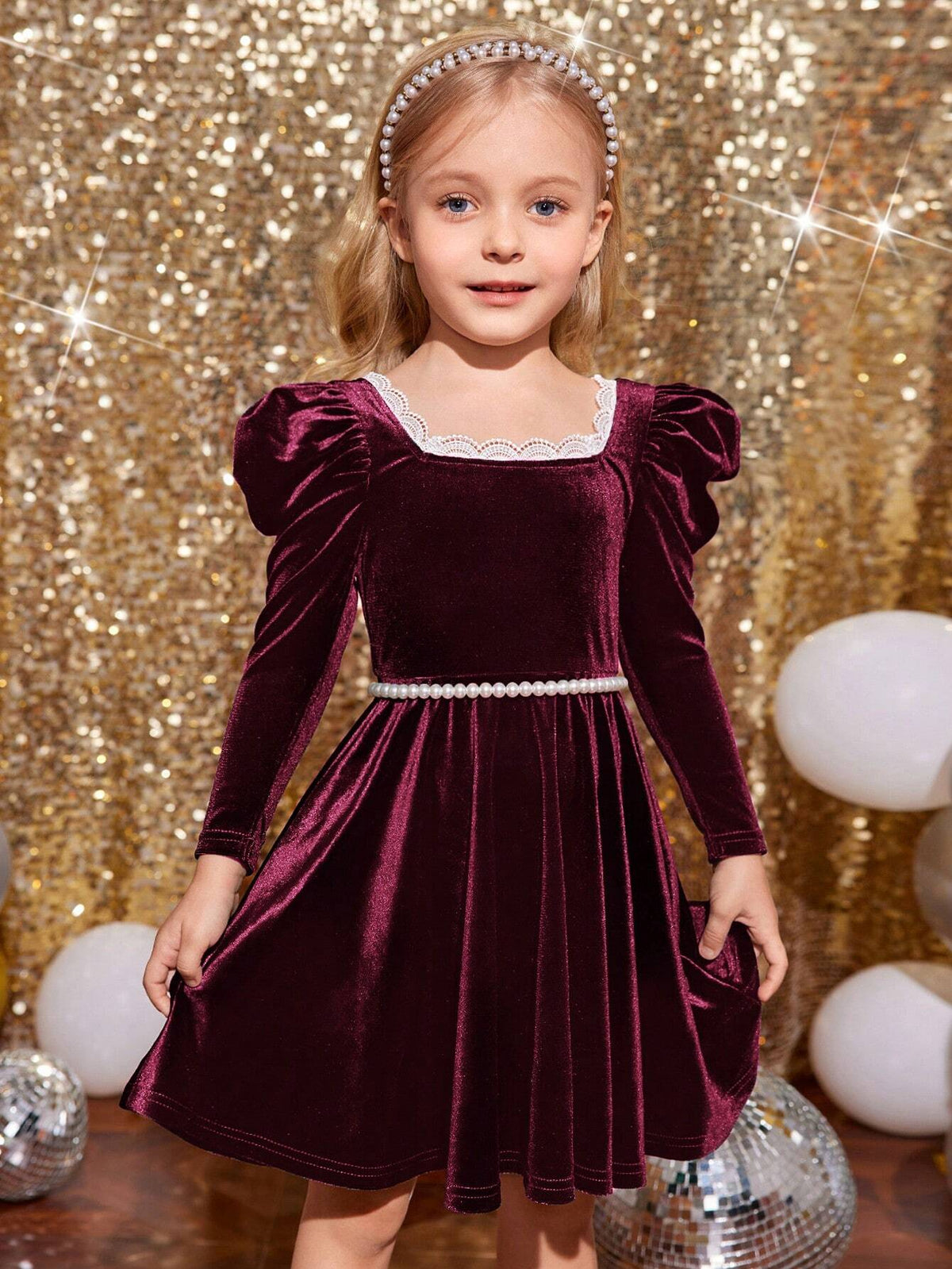 Young Girl Square Neck Gigot Sleeve Color-Block Lace Trim Velvet Dress ,Green For Christmas , Fashionable Elegant Cute ,Birthday Wear,Holidays,Party Wear