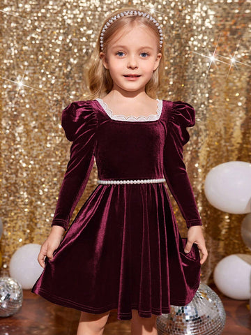 Young Girl Square Neck Gigot Sleeve Color-Block Lace Trim Velvet Dress ,Green For Christmas , Fashionable Elegant Cute ,Birthday Wear,Holidays,Party Wear