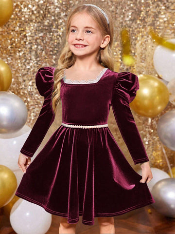 Young Girl Square Neck Gigot Sleeve Color-Block Lace Trim Velvet Dress ,Green For Christmas , Fashionable Elegant Cute ,Birthday Wear,Holidays,Party Wear