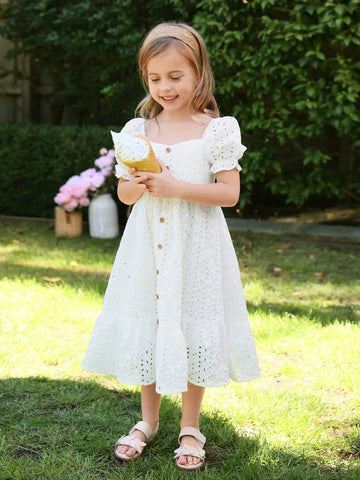 Young Girl Square Neck Puff Sleeve Ruffle Hem Schiffy Dress