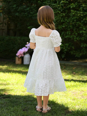 Young Girl Square Neck Puff Sleeve Ruffle Hem Schiffy Dress