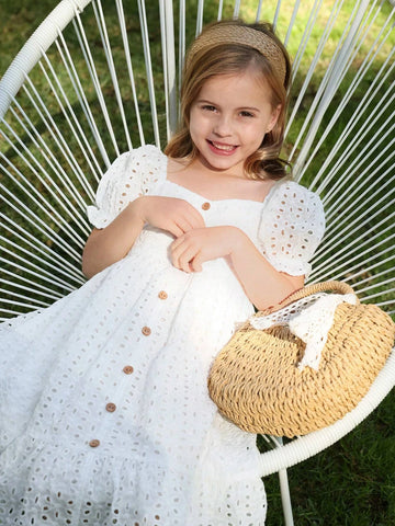 Young Girl Square Neck Puff Sleeve Ruffle Hem Schiffy Dress