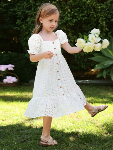Young Girl Square Neck Puff Sleeve Ruffle Hem Schiffy Dress
