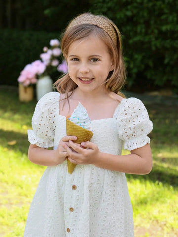 Young Girl Square Neck Puff Sleeve Ruffle Hem Schiffy Dress