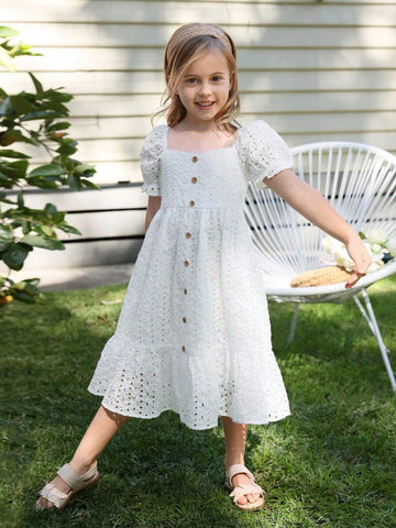 Young Girl Square Neck Puff Sleeve Ruffle Hem Schiffy Dress