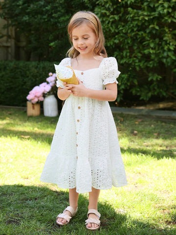 Young Girl Square Neck Puff Sleeve Ruffle Hem Schiffy Dress